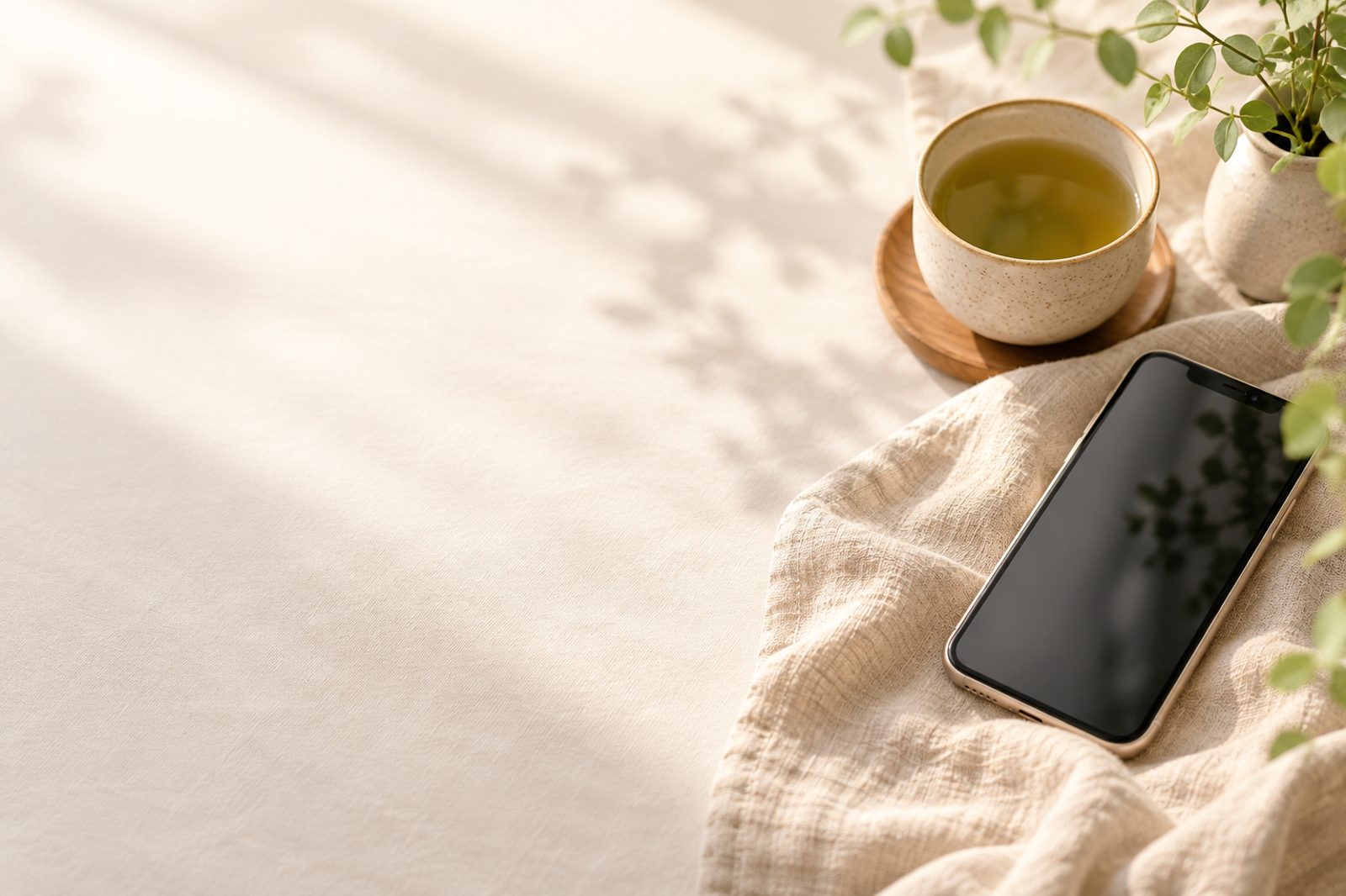 やわらかな光の差す机に、湯のみとスマートフォンが置かれている